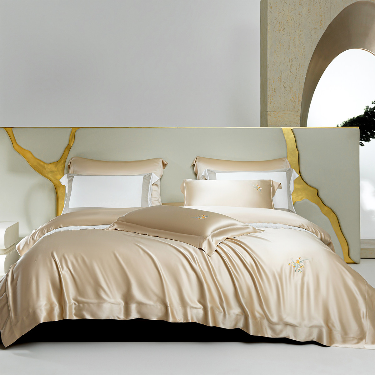 重磅奢华真丝四件套100%桑蚕丝手绣床单被套高端别墅丝绸床上用品