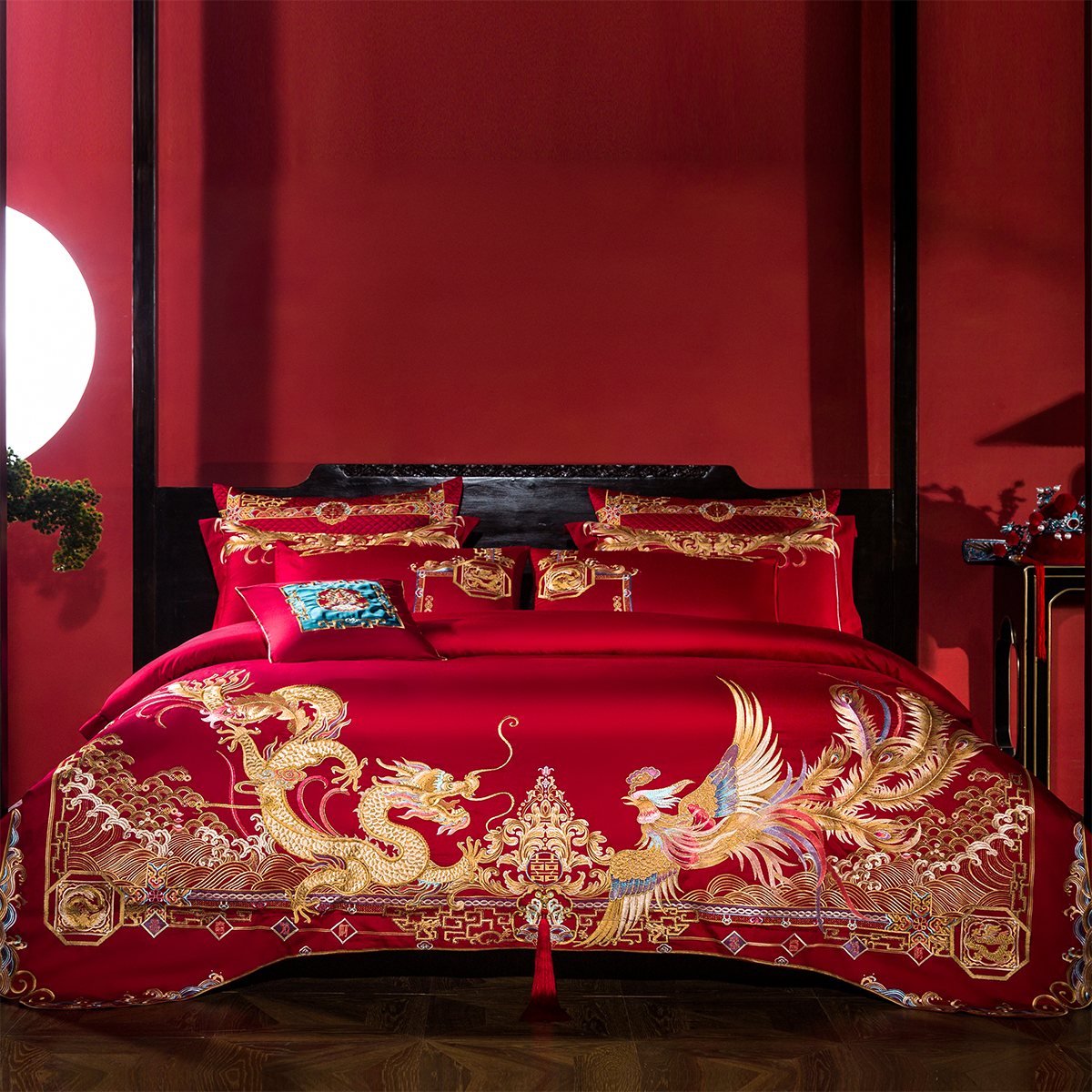 婚庆四件套大红色全棉纯棉龙凤刺绣被套高档新婚礼床上用品十件套