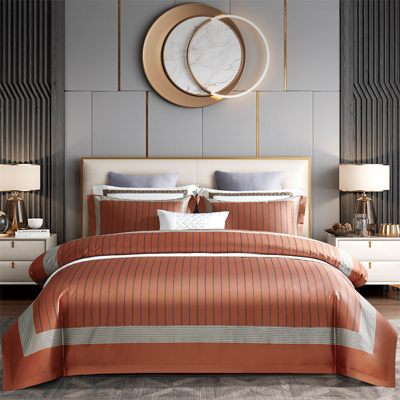 高端美式140支长绒棉四件套五星级酒店轻奢高档条纹纯棉床上用品