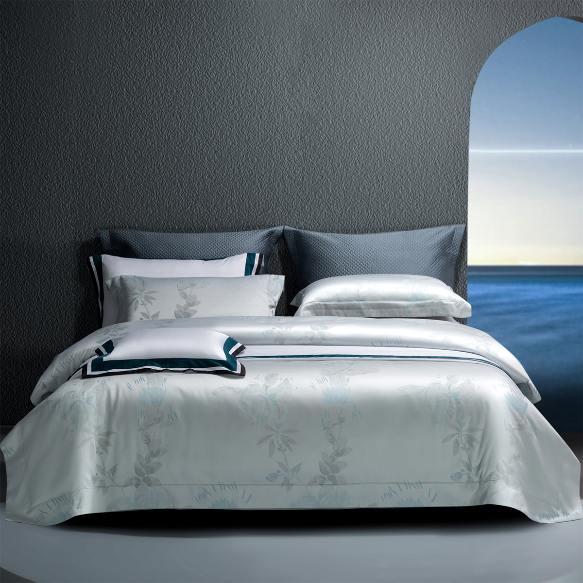 高端欧式140支长绒棉色织提花四件套高档轻奢花卉全棉床上用品