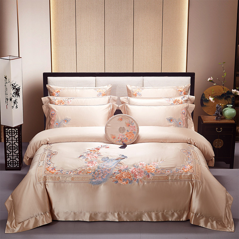 新中式高端结婚全棉四件套140支长绒棉刺绣被套陪嫁婚庆床上用品