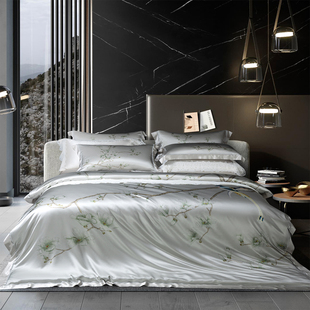 高端裸睡双面桑蚕丝绸印花四件套 重磅奢华100%真丝床上用品新中式