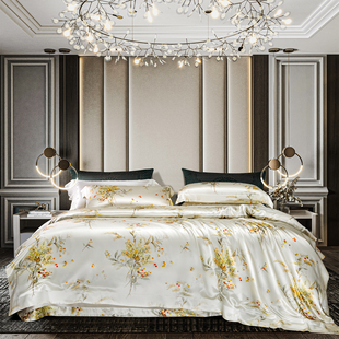印花丝绸被套高级别墅真丝床上用品 高端重磅100%桑蚕丝四件套数码