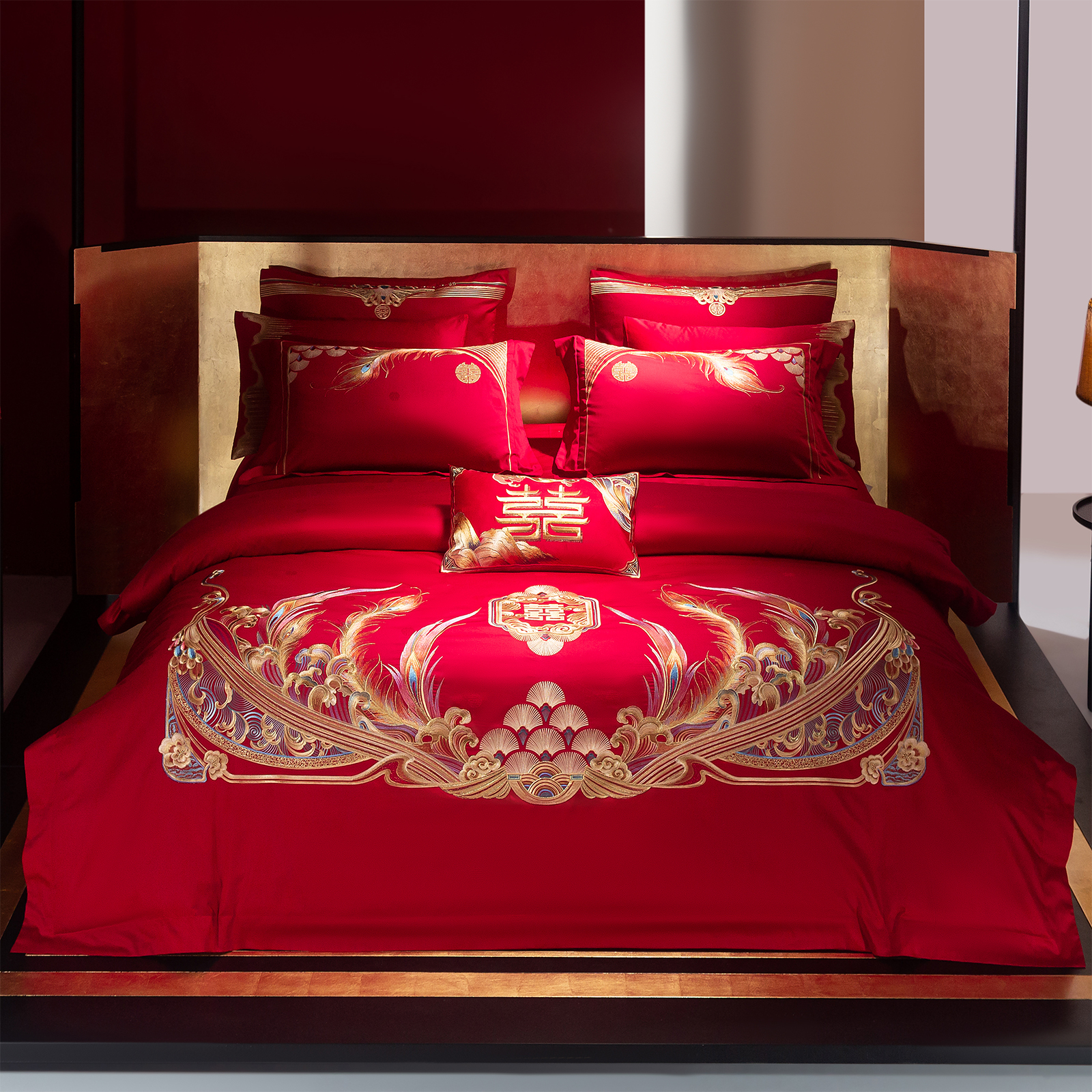 高档奢华全棉纯棉红色刺绣四件套
