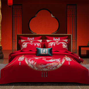 陪嫁红色喜被奢华绣花婚礼床上用品 高档婚庆全棉结婚四件套新中式