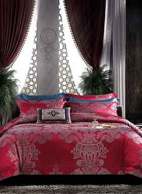 欧式红色140S全棉床单四件套高档贡缎提花被套长绒棉简约床上用品