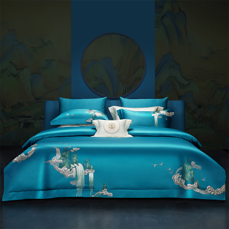 新中式花卉刺绣四件套140支埃及长绒棉全棉被套高档床上用品套件