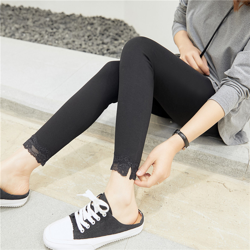 2020春夏新款韩版脚口蕾丝拼接纯棉打底裤女外穿紧身高弹力九分裤