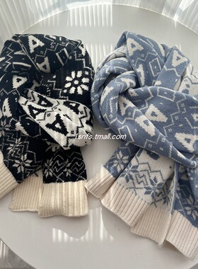 1sn 蓝色针织毛线围巾女冬季新款韩系氛围感百搭加厚保暖围脖女