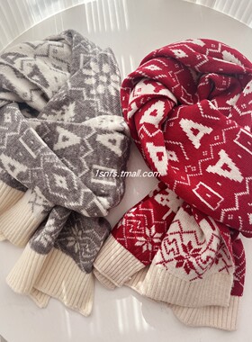 1sn 圣诞提花双面针织红色围巾女冬保暖百搭围脖情侣款男灰色毛线