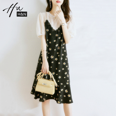 假两件碎花连衣裙女夏季V领蕾丝拼接宽松显瘦小个子气质荷叶边裙