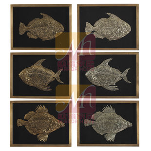 美式鱼类标本动物装饰画金色亚克力实物壁饰入户客厅餐厅壁挂墙饰