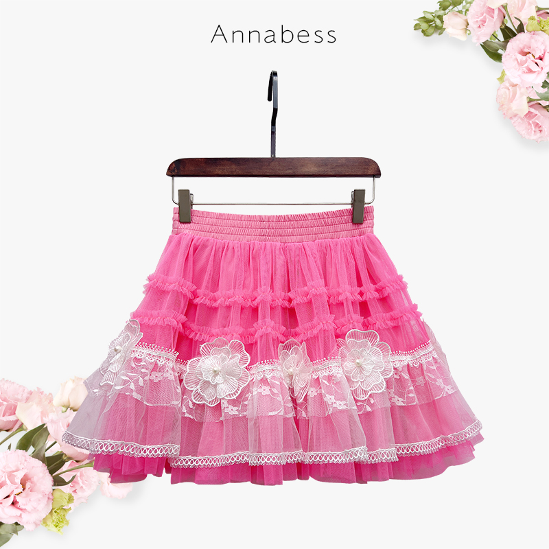 Annabess重工立体花朵网纱半身裙2025春夏蕾丝绣花蛋糕蓬蓬短裙
