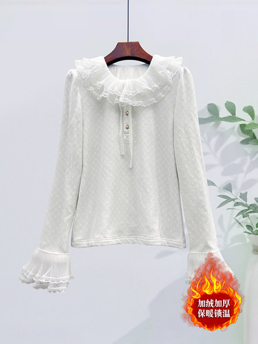 荷叶边领淑女百搭加绒上衣