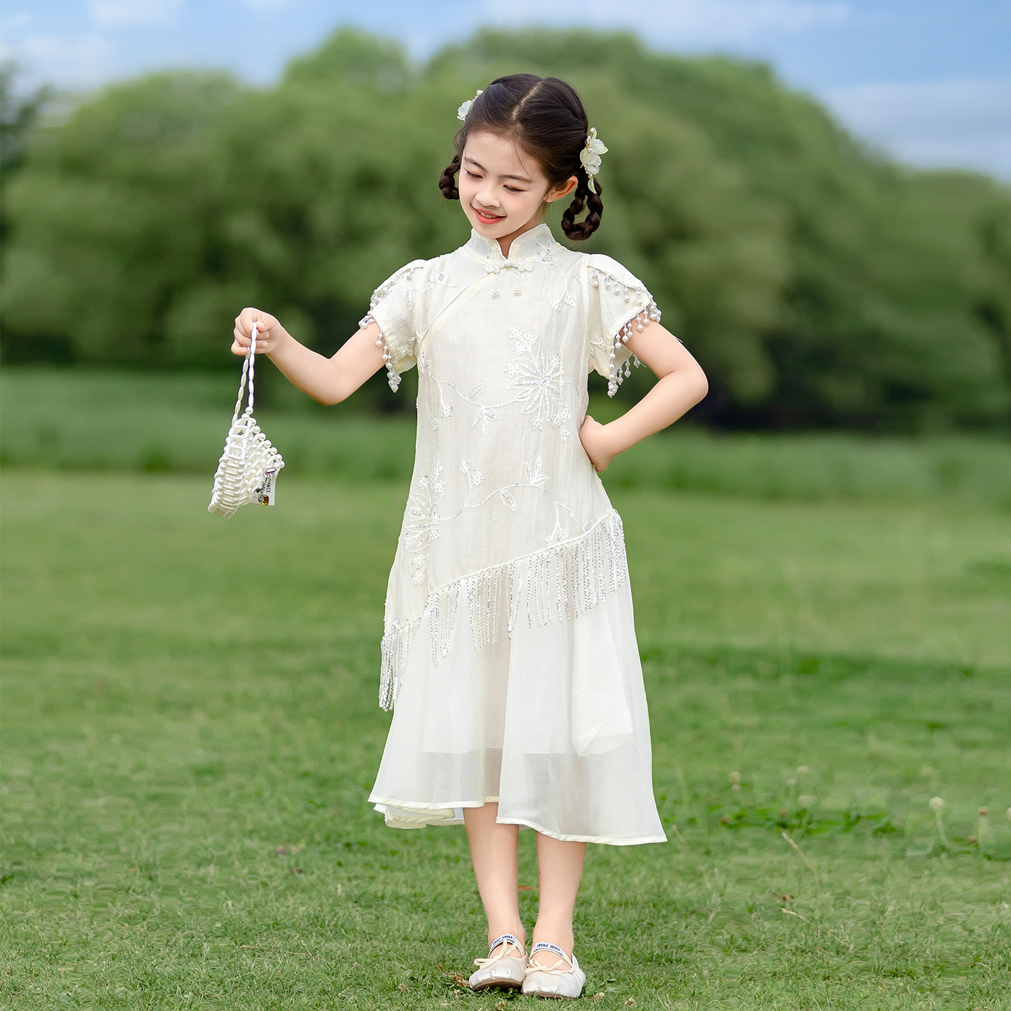 国风女童连衣裙夏装2025新款女大童白色公主裙儿童新中式旗袍裙子