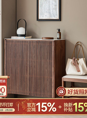 栅斓实木鞋柜黑胡桃家用门口入户大容量原木一体靠墙柜子良年XG02