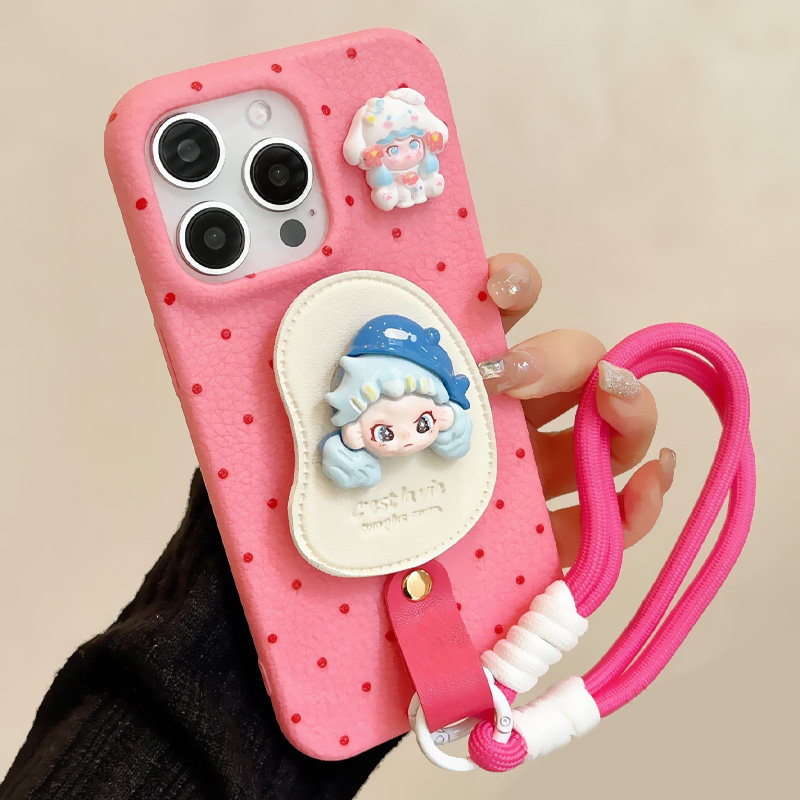 蓝帽朵拉支架皮革带手绳适用华为mate70Pro苹果16Promax手机壳iPhone15/14/13/12多巴胺个性小女孩P60防摔套