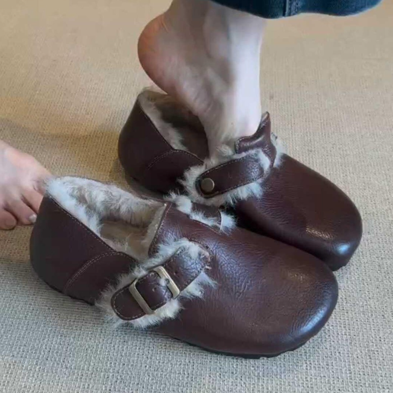 复古真皮保暖勃肯鞋女2025新款冬季加绒通勤乐福鞋豆豆鞋毛毛棉鞋
