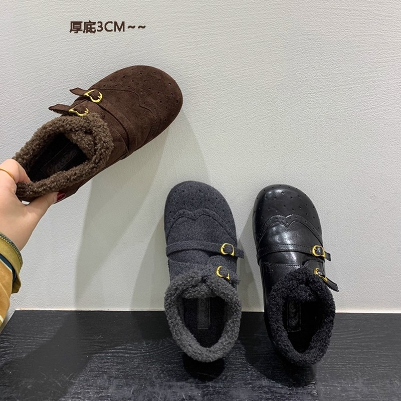 加绒勃肯鞋女2025秋冬新款厚底百搭毛毛鞋保暖棉鞋一脚蹬懒人单鞋