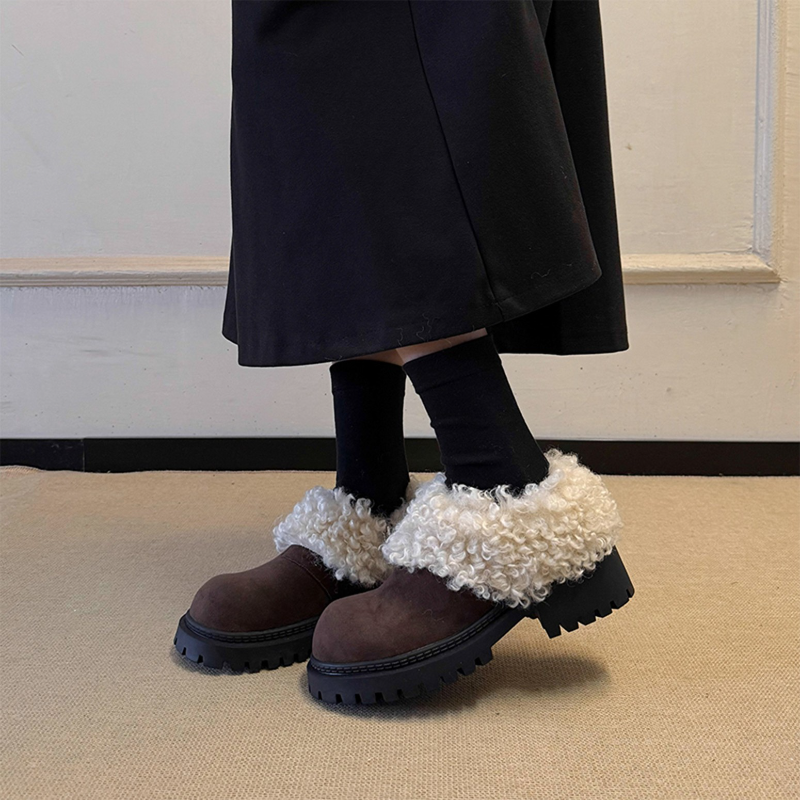 厚底小皮鞋女2025冬季新款法式复古粗跟百搭加绒保暖毛毛乐福棉鞋
