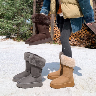 厚底短靴 中筒靴子加绒东北保暖棉鞋 厚底灰色雪地靴女2025新款 冬季