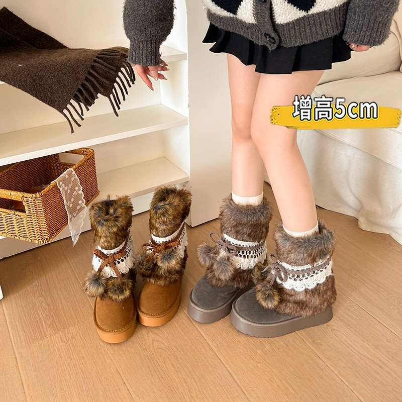 厚底废土千禧风毛毛雪地靴子女2025冬季新款爆款加绒加厚东北棉鞋