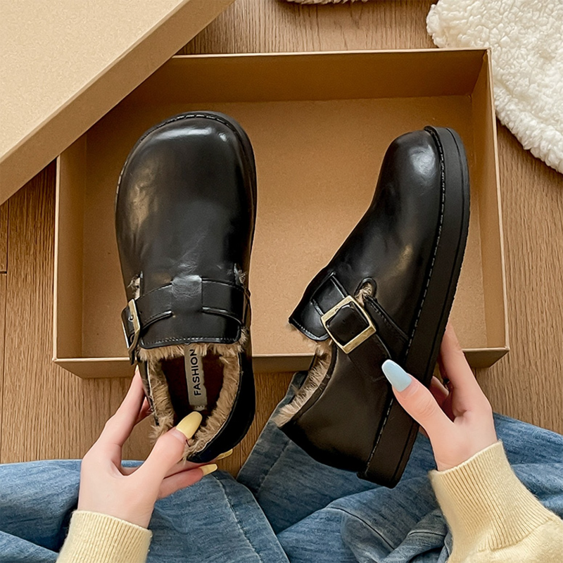 平底加绒皮面勃肯鞋女2025新款冬季雪地靴小皮鞋毛毛鞋棉鞋豆豆鞋