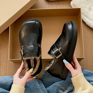 雪地靴小皮鞋 冬季 毛毛鞋 棉鞋 平底加绒皮面勃肯鞋 豆豆鞋 女2025新款