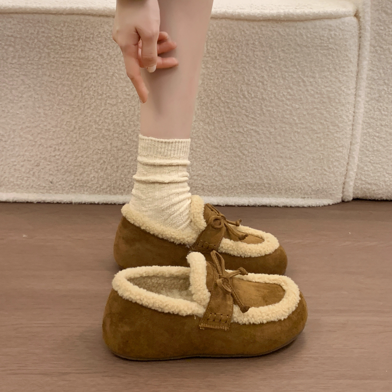 加绒勃肯鞋女2025年冬季新款法式复古蝴蝶结毛毛鞋软底保暖棉鞋子