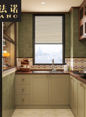 全屋定制中古风棕绿色橱柜厨房岛台吊柜别墅全屋空间定制工厂定做