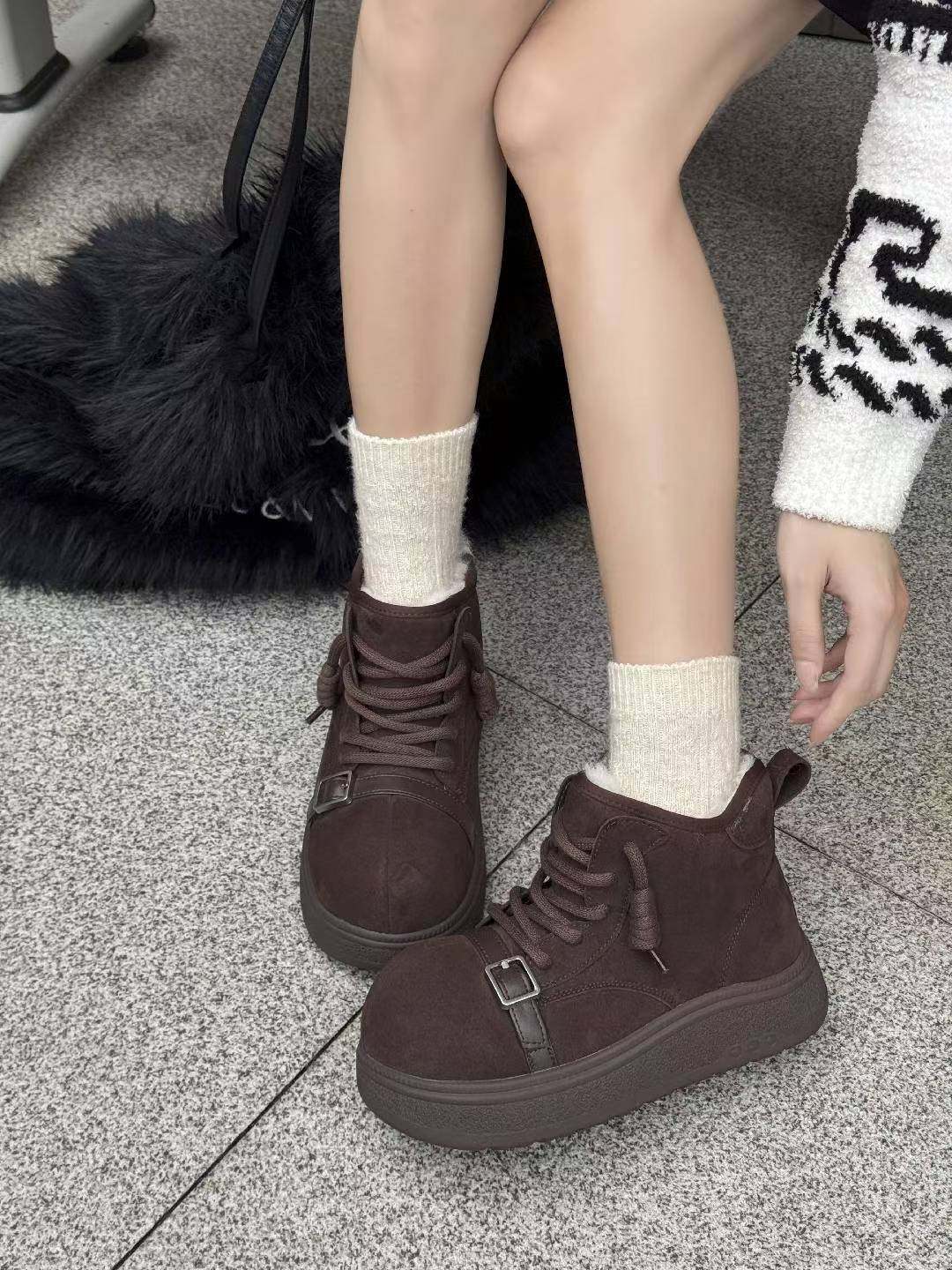 韩版2025新款冬季真皮厚底加绒增高显瘦雪地靴休闲鞋面包鞋大棉鞋,女鞋,时尚雪地靴,淘宝优惠券,粉丝福利购,淘宝优惠卷