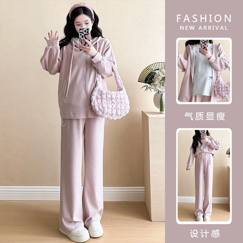 임산부 가을 정장 지퍼 후드 티셔츠 넓은 다리 바지 게으른 투피스 세트 2024 가을 새로운 스타일 임신 착용