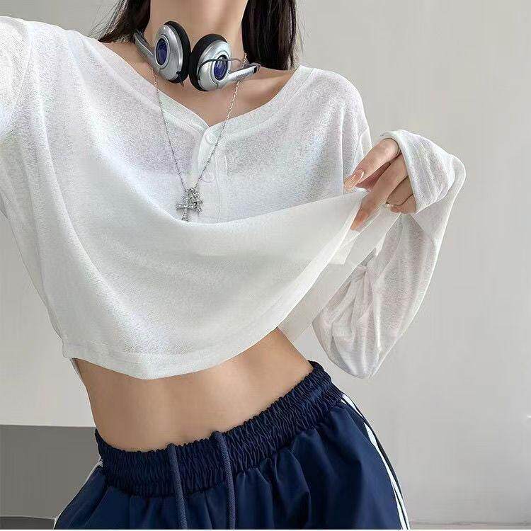 慵懒风薄款性感长袖防晒显瘦宽松打底锁骨罩衫短款t恤上衣微透夏