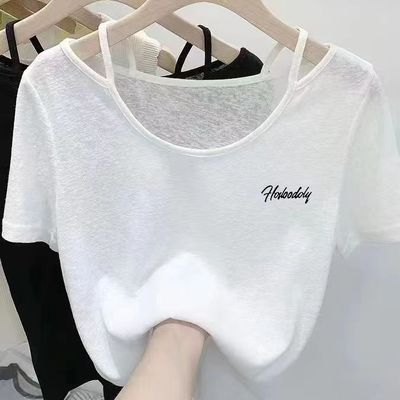 设计感小众轻薄气质露肩短袖t恤女夏季新款宽松百搭显瘦吊带上衣