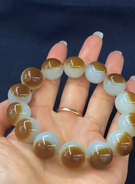 新疆且末料糖白羊脂玉聚宝盆16mm圆珠手串  糖白分明收藏款金山料