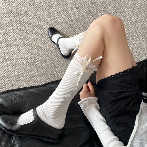 春秋甜美花边堆堆小腿袜白色穿绳少女百搭中筒袜夏季显瘦绑带袜子