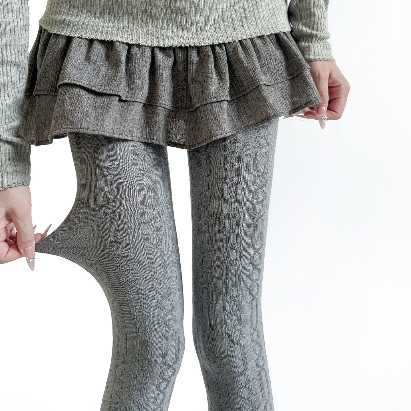 秋冬复古8字竖纹保暖羊毛打底裤咖色百搭链条灰色连裤袜春秋袜裤