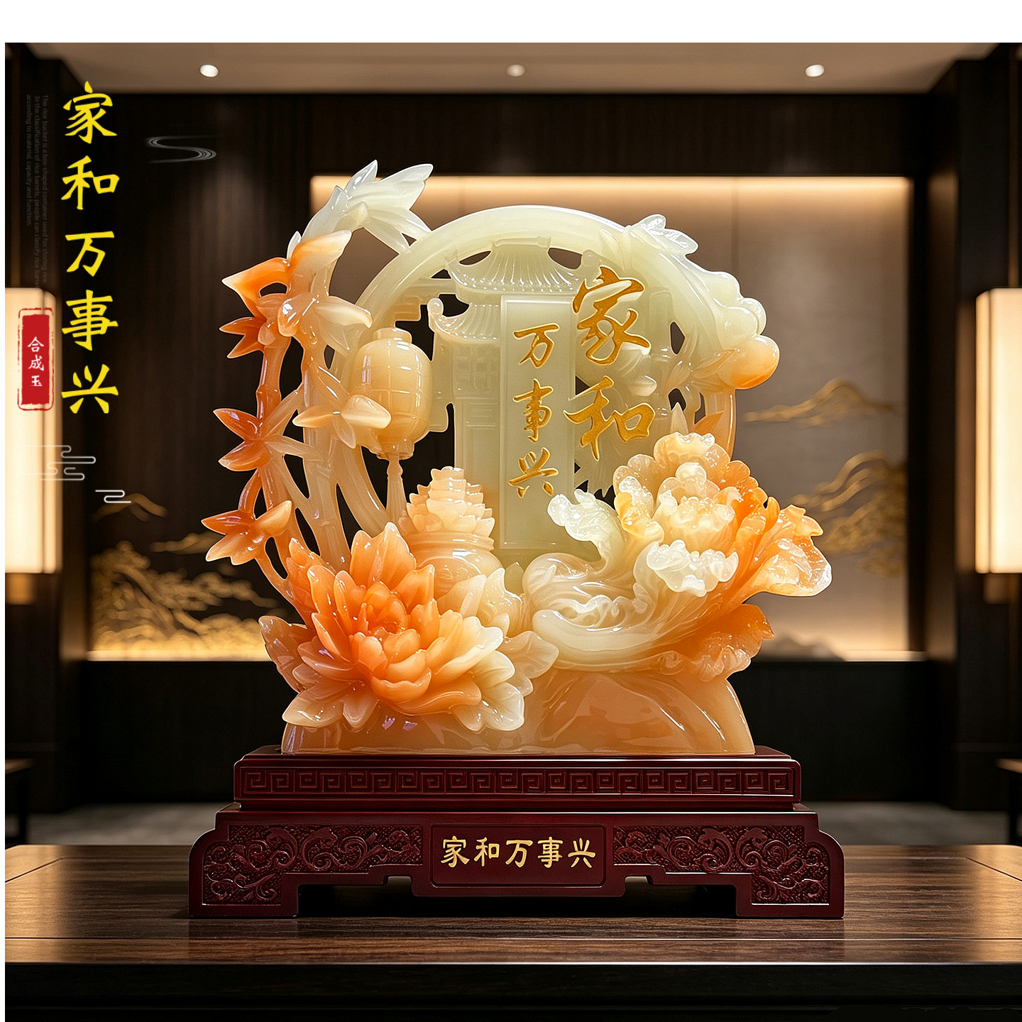 家和万事兴牡丹花工艺品摆件客厅玄关电视柜高档家居装饰乔迁礼物