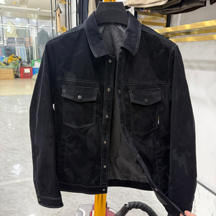 H标剪标！黑色翻领牛仔夹克男长袖双口袋休闲商务外套标准版型