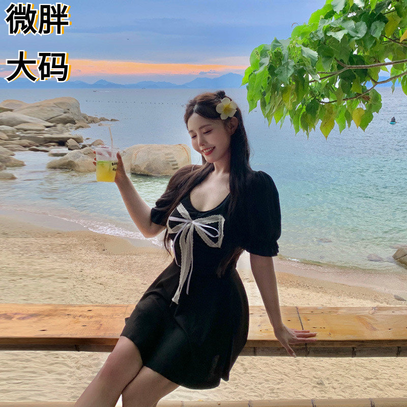 法式赫本风裙式连体大码泳衣女蝴