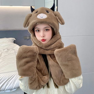 抖音网红可爱牛耳朵会动帽子女秋冬季儿童围巾手套一体男女童围脖