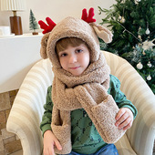 儿童冬季 红鹿角耳朵会动帽子帽围巾手套三件一体套装 男女童毛绒帽