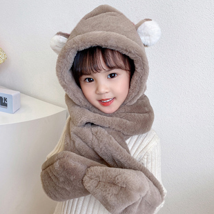 儿童帽子冬天男女童围巾一体宝宝围脖手套三件套装小熊保暖毛绒帽