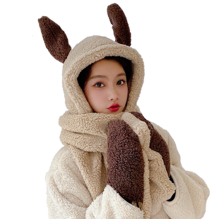 女士冬天保暖帽子网红抖音可爱兔耳朵会动手套连体两用加绒加厚
