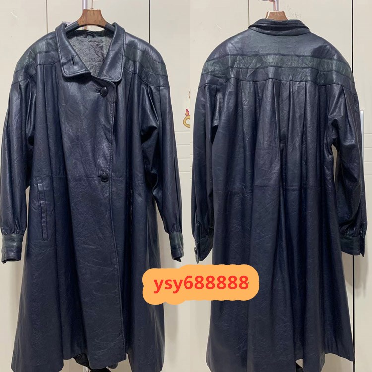 古着真皮绵羊皮加大码风衣外套中长西装领版型宽大雾霾蓝孤品特价
