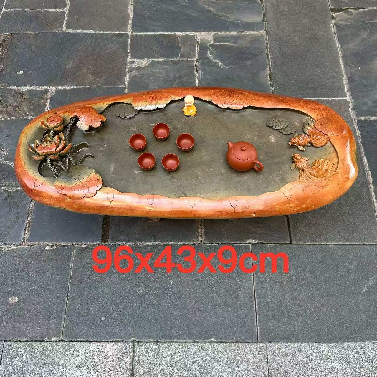 端石茶盘肇庆绿端金包玉高档大气仿古精雕荷花客厅茶台茶海