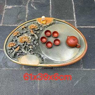 端石茶盘肇庆精品绿端名师精雕牡丹花茶台茶海干湿分离客厅摆件