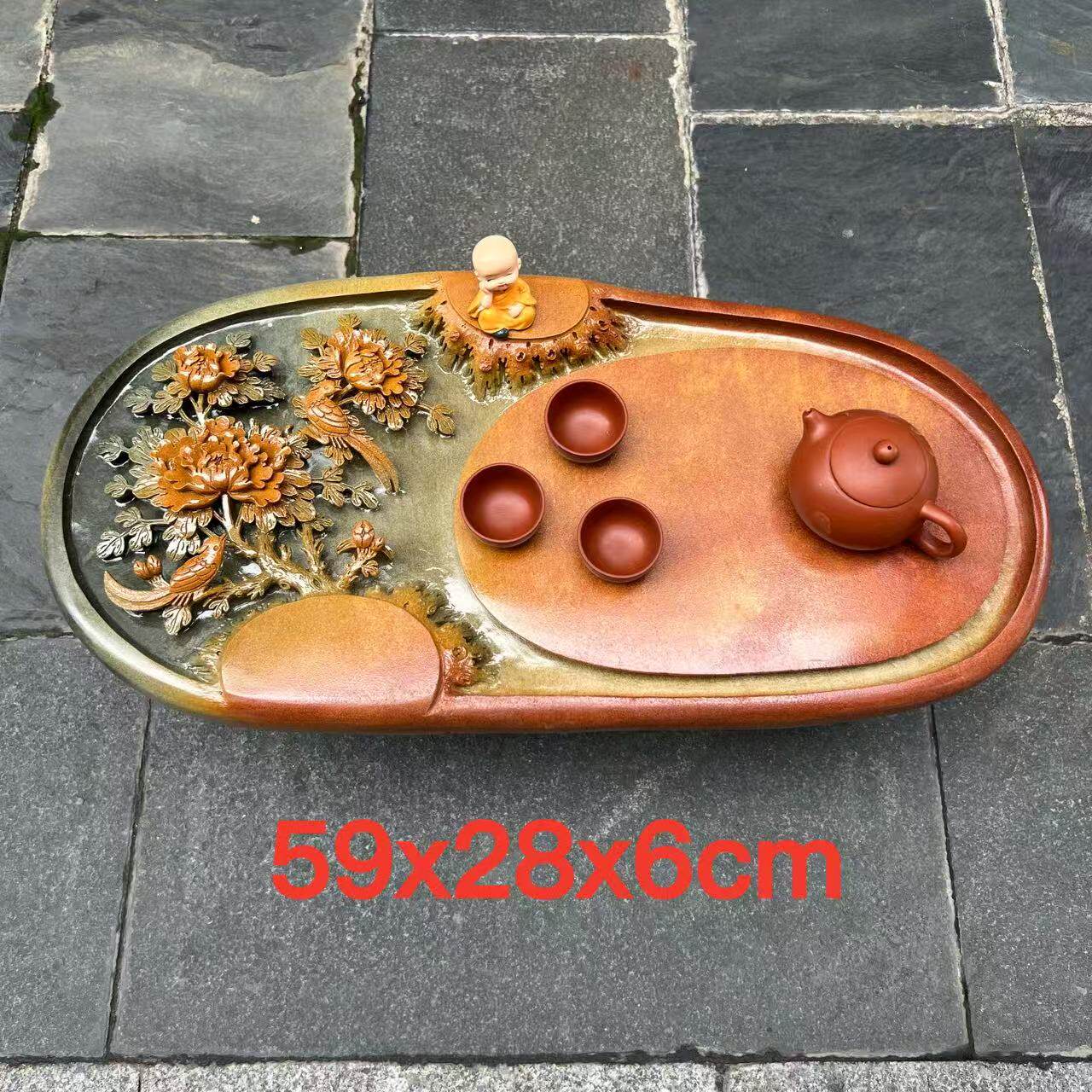 端石茶盘肇庆精品绿端名师精雕牡丹花茶台茶海干湿分离客厅摆件