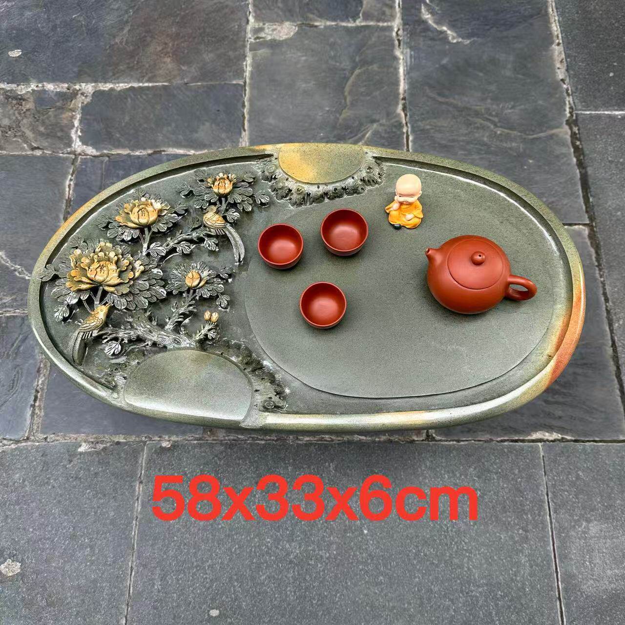 端石茶盘肇庆绿端名师创意精雕牡丹花家用客厅一体功夫茶台茶桌
