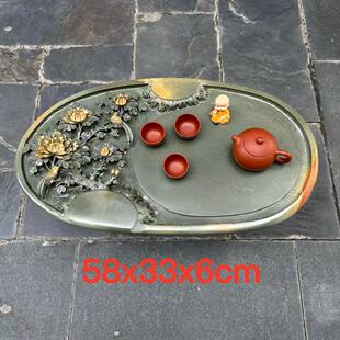 端石茶盘肇庆绿端名师创意精雕牡丹花家用客厅一体功夫茶台茶桌